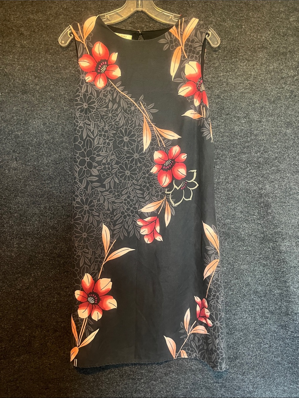 Tommy Bahama Black Midi Dress with Red and Peach Floral Print